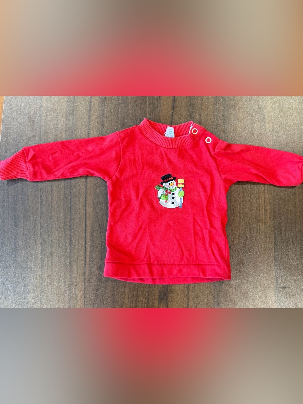 Vintage Christmas Holiday Red Long Sleeve Baby Tee with Snowman Embroidery 3-6am
